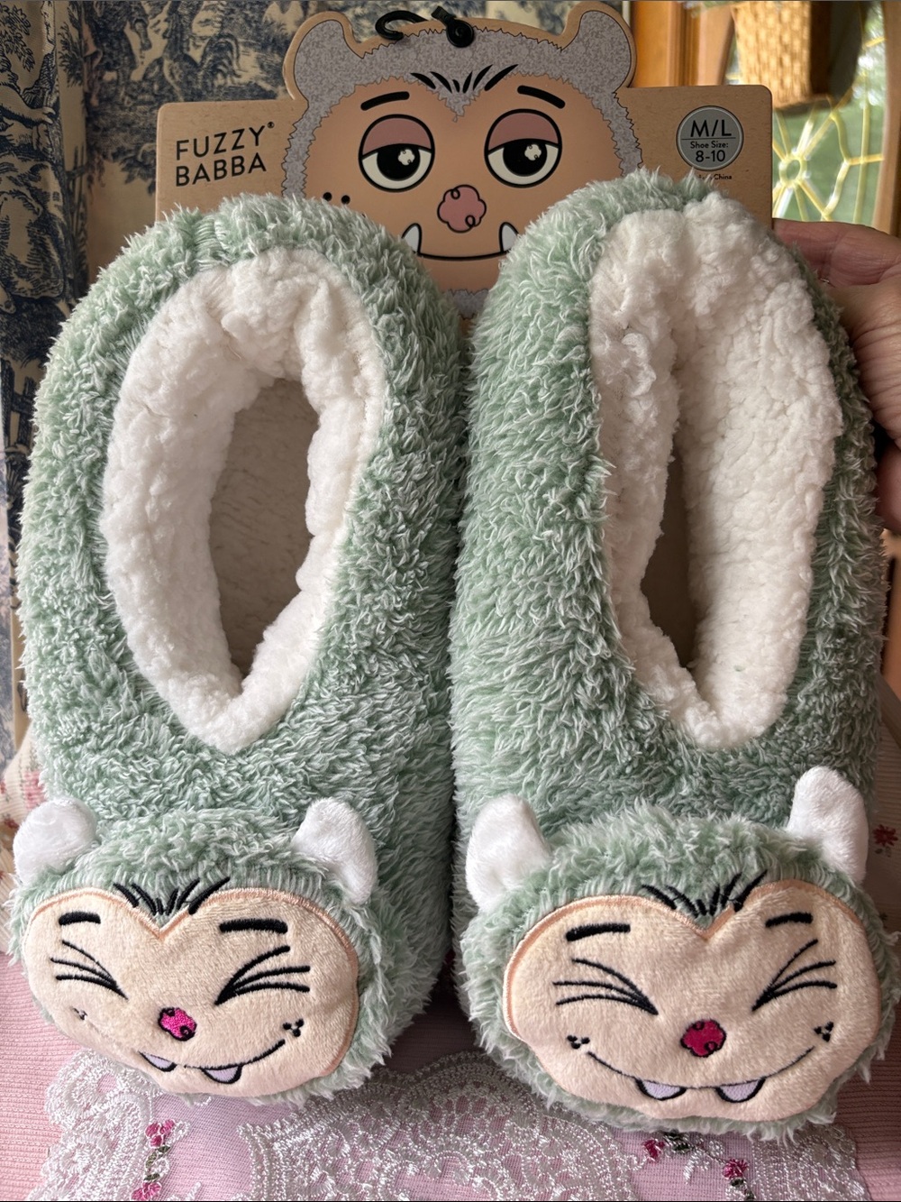 Fuzzy Babba Mint Green Plush Cat Slippers - Cozy Indoor Footwear